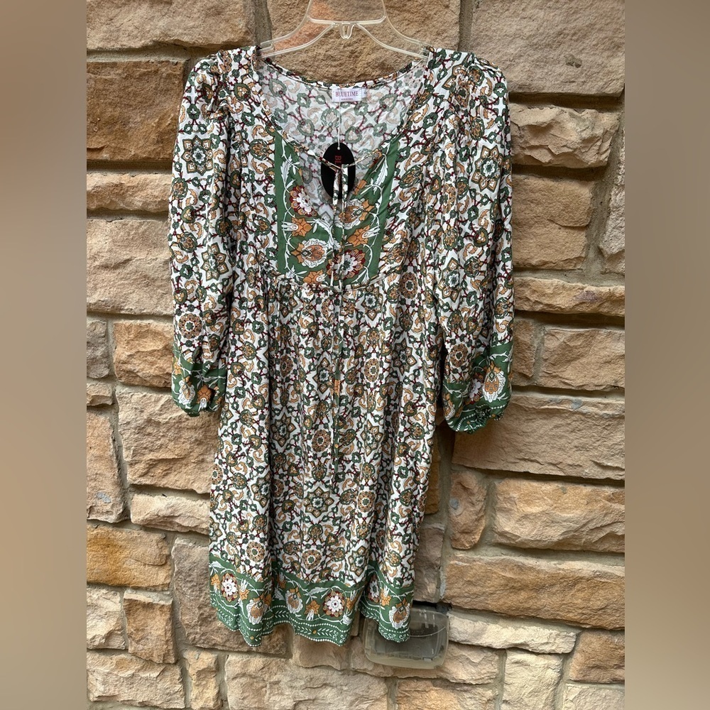 BLUETIME Boho Beach Casual 3/4 sleeve Pleated around chest V neck dress Sz Small